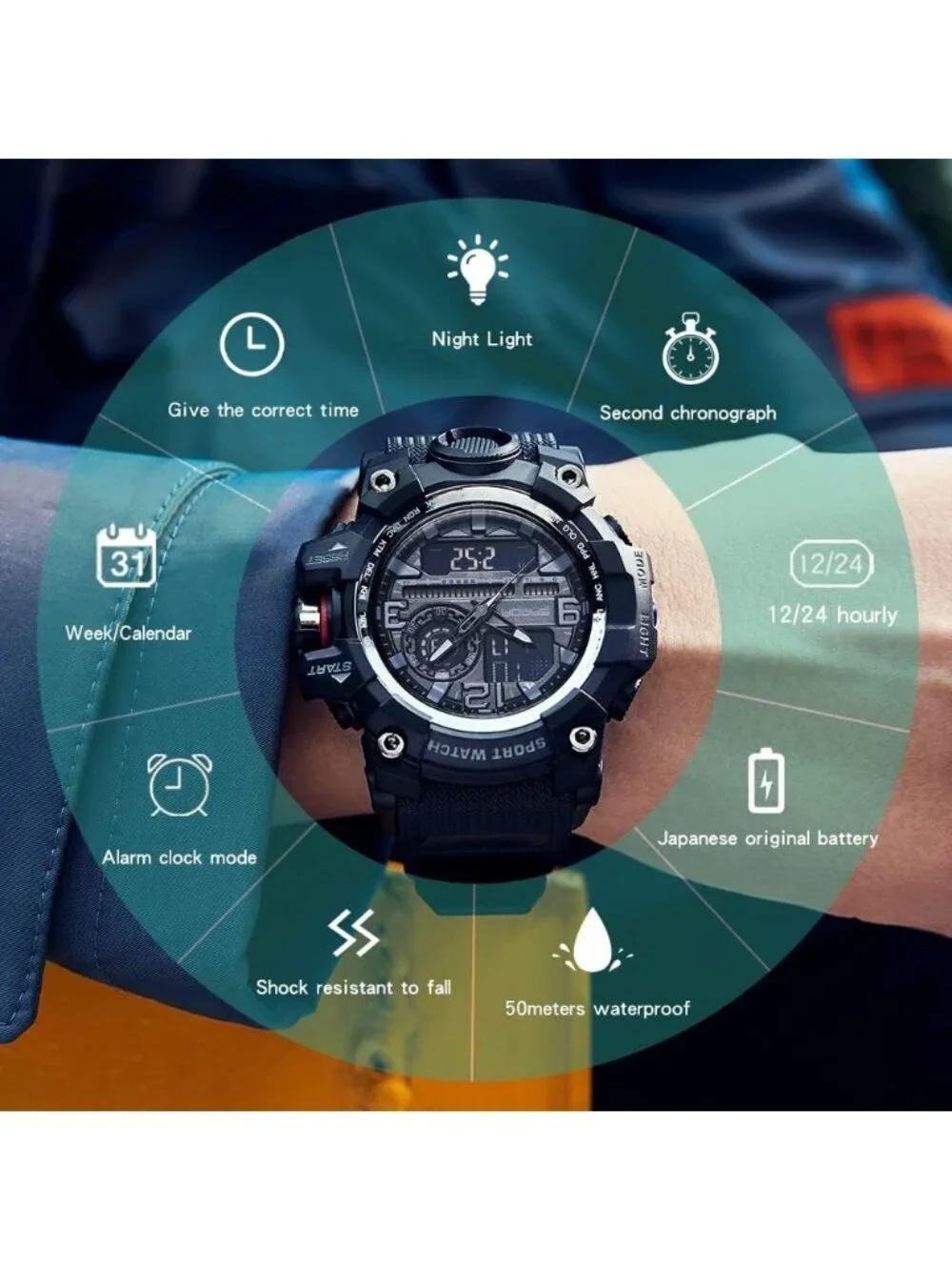 Men's Black Analog Quartz Sports Waterproof Military Tactical LED Digital Watch